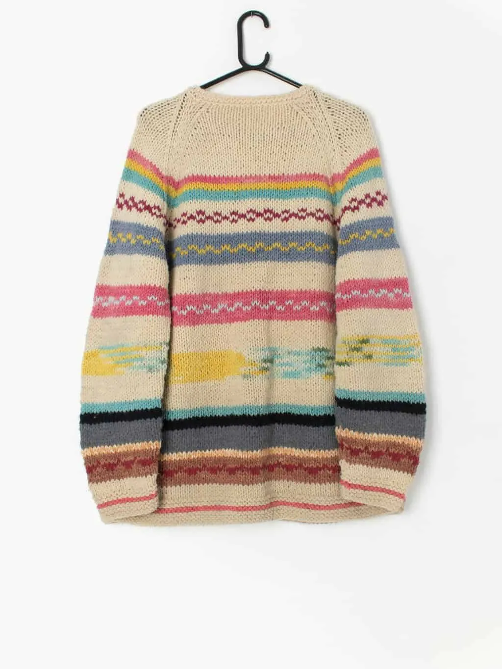 Vintage chunky knit cardigan with striped design – Large