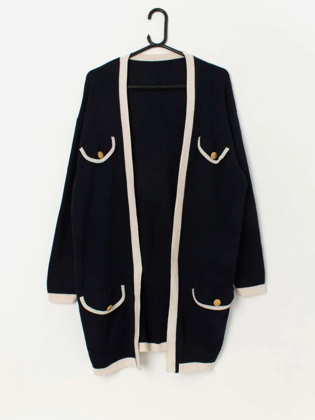 Vintage St Michael navy and white wool blend open cardigan – Medium / Large