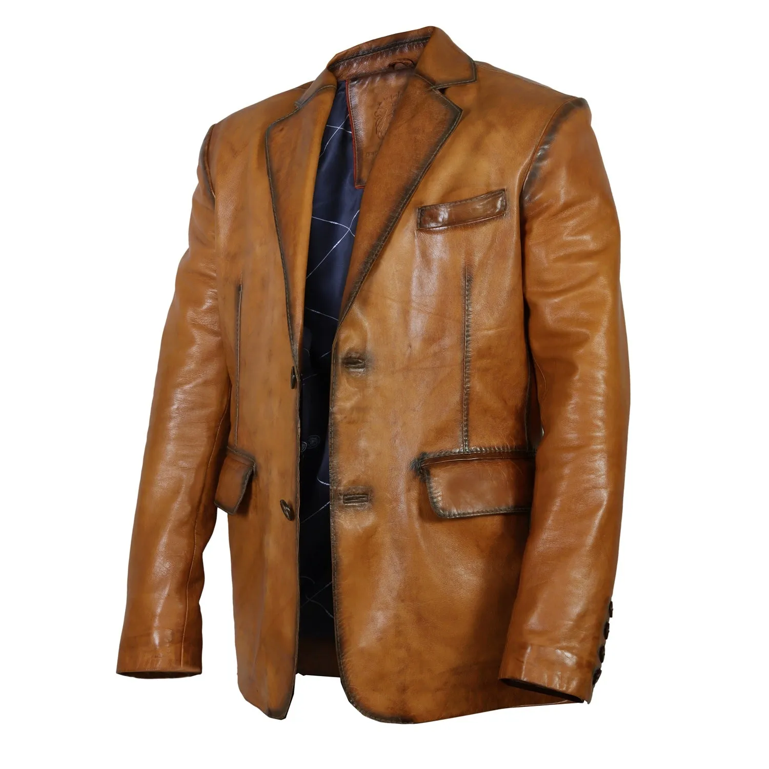 Vintage Style Patina Men's Premium Tan Leather Blazer Jacket