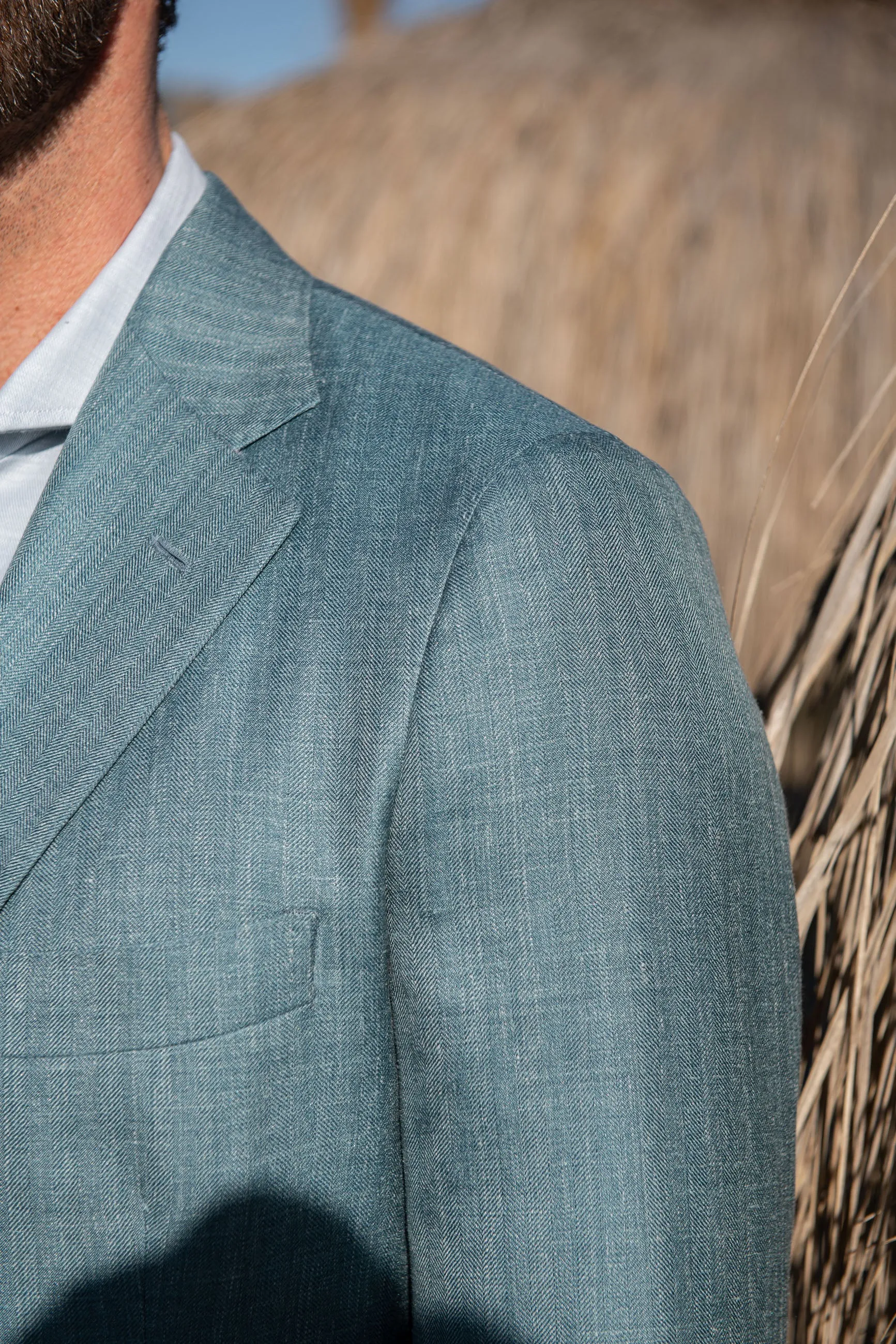 Water green herringbone jacket in Loro Piana wool silk and linen - Made in Italy