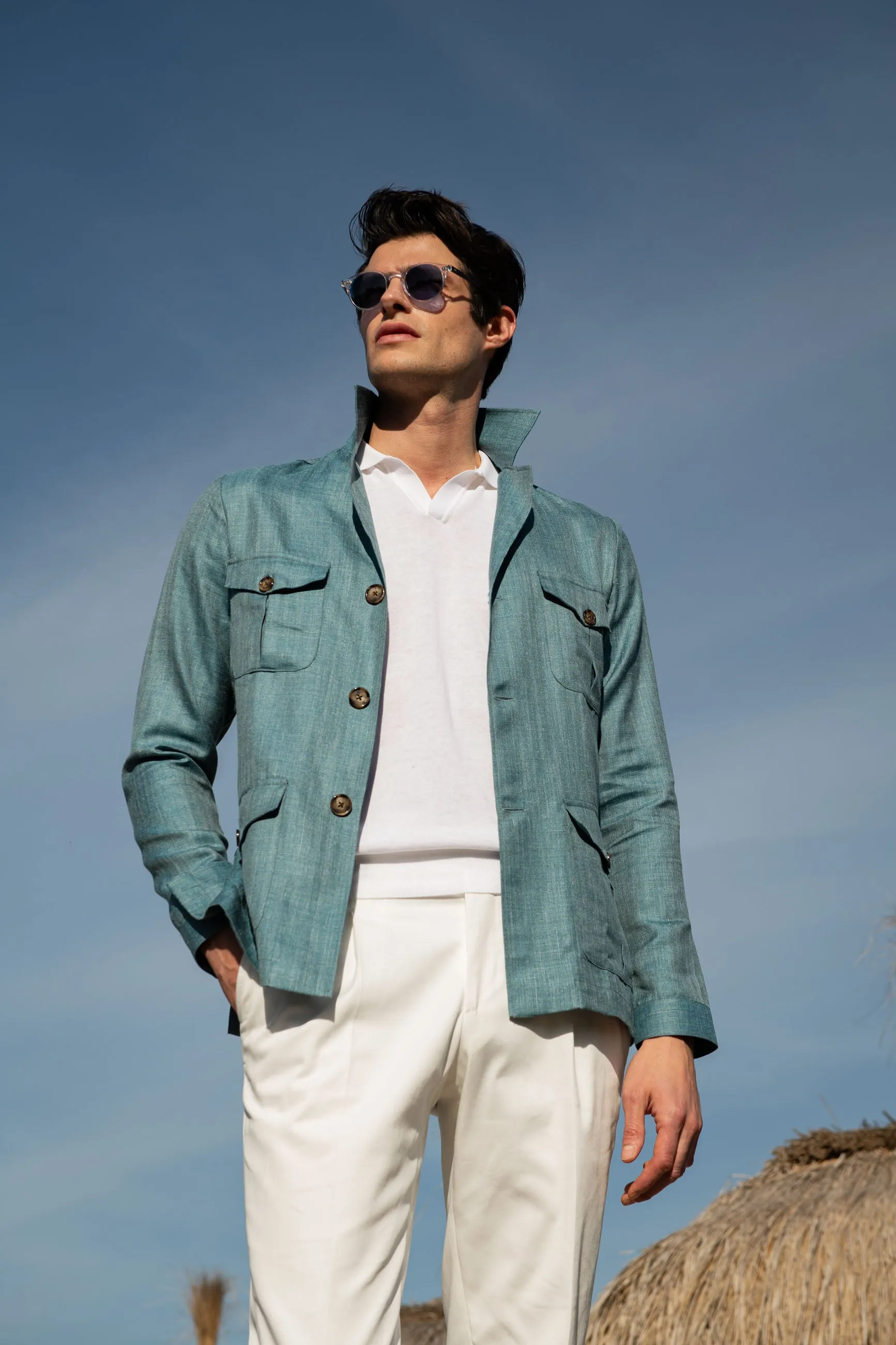 Water green Safari Jacket in Loro Piana wool silk and linen – Made in Italy