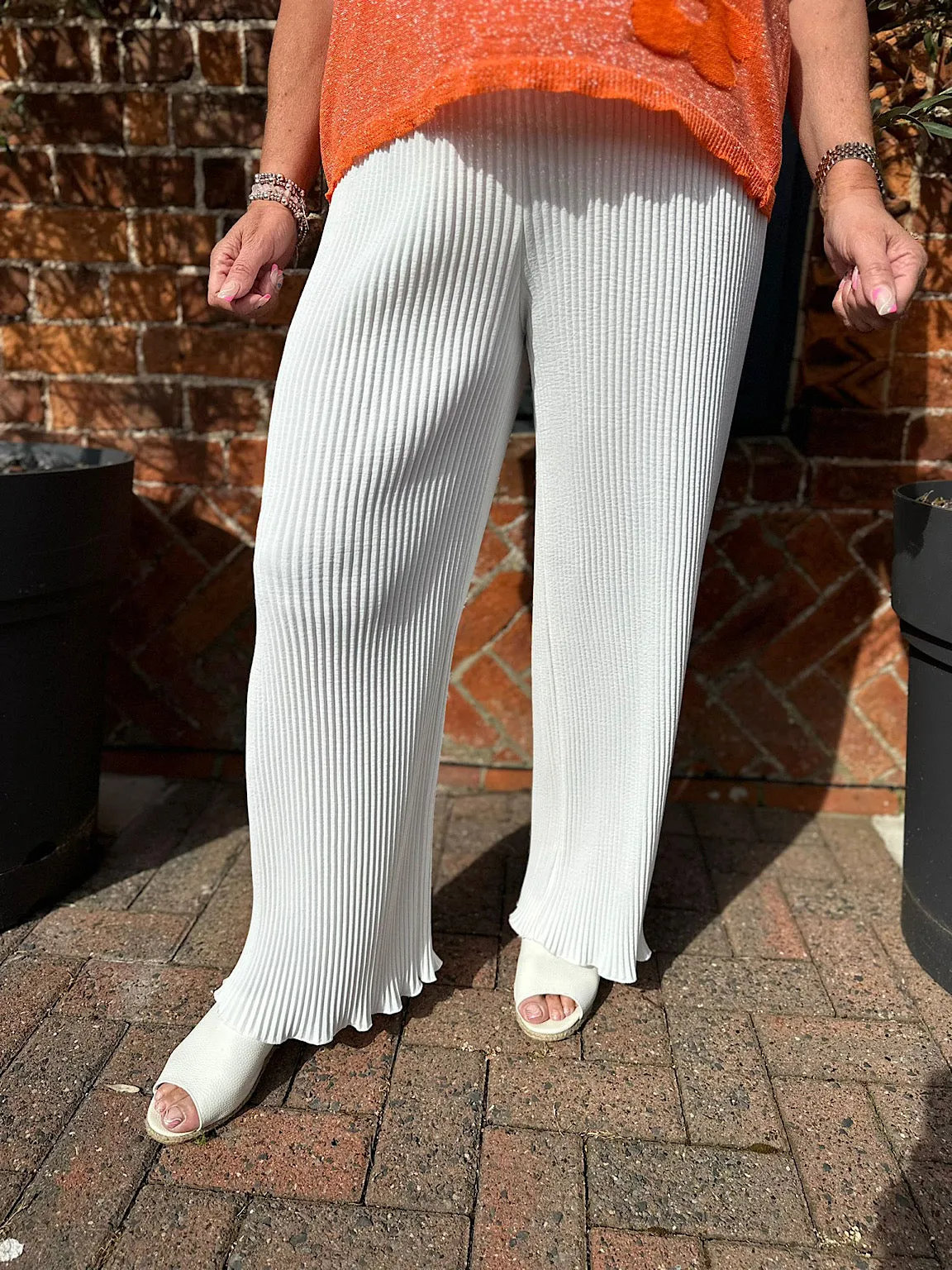 White Pleated Wide Leg Ruffle Trousers