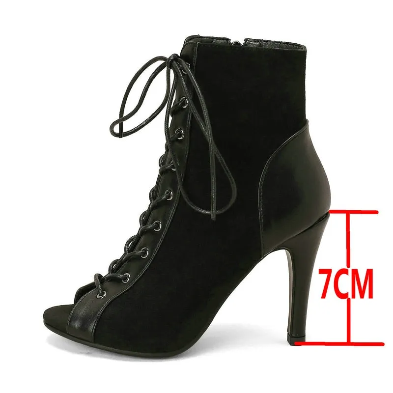 Women's Fashion Black High Heel Peep Toe Gladiator Indoor Dance Boots