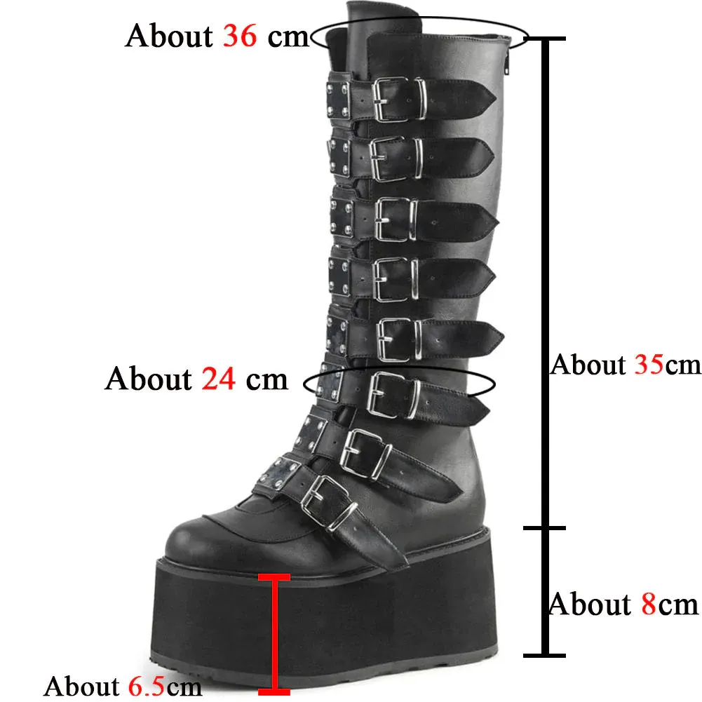 Women's Round Toe Thick Bottom Buckle Zipper Mid Calf Platform Boots