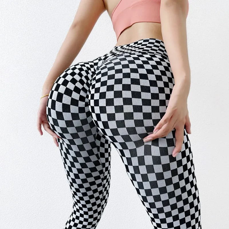 Women's Winter Plaid Elastic Waist Yoga Gym Sports Fitness Leggings