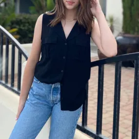 Work It Button Down Top With Front Pockets Black