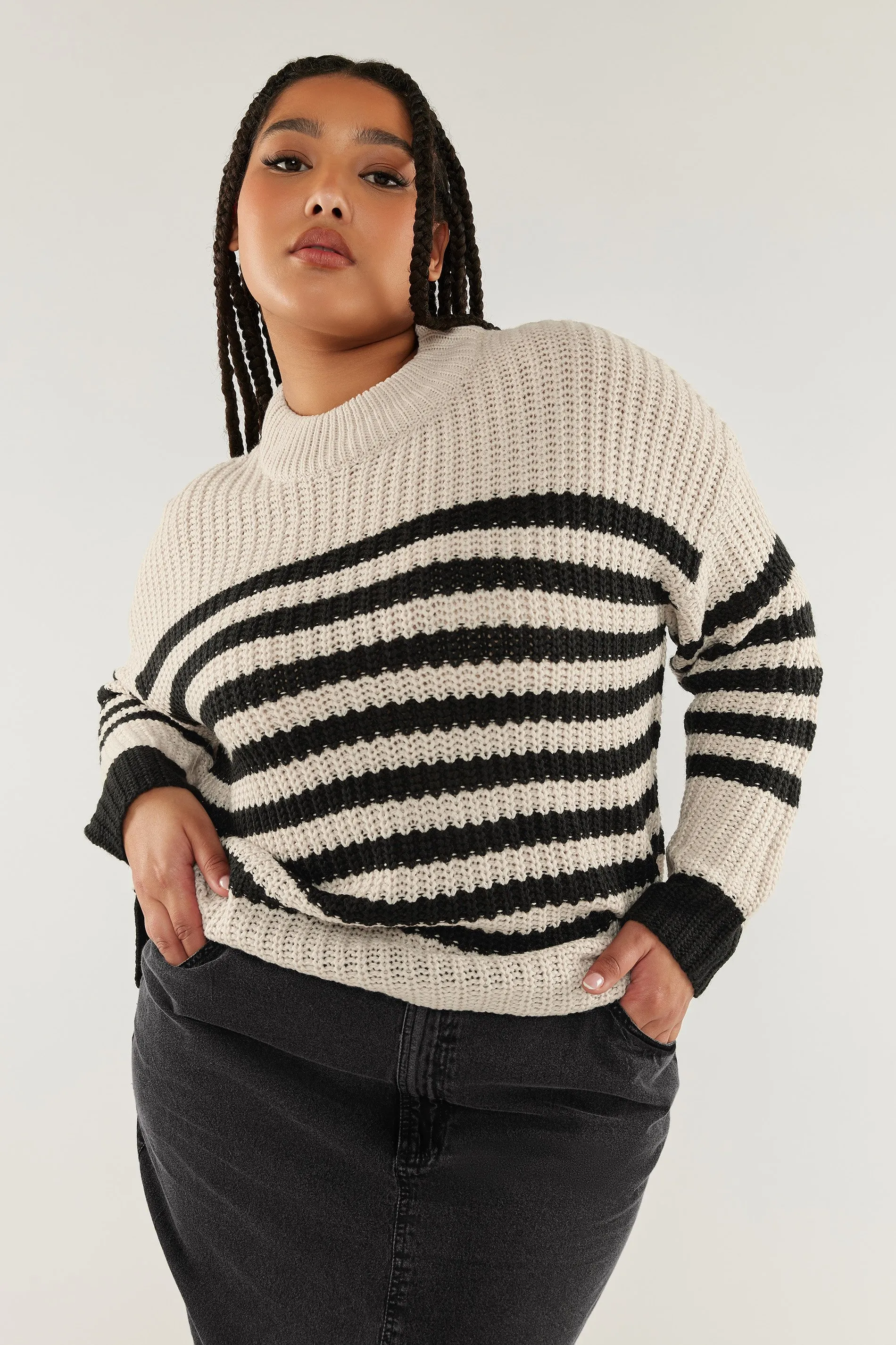 YOURS Curve Cream Stripe Chunky Knit Jumper