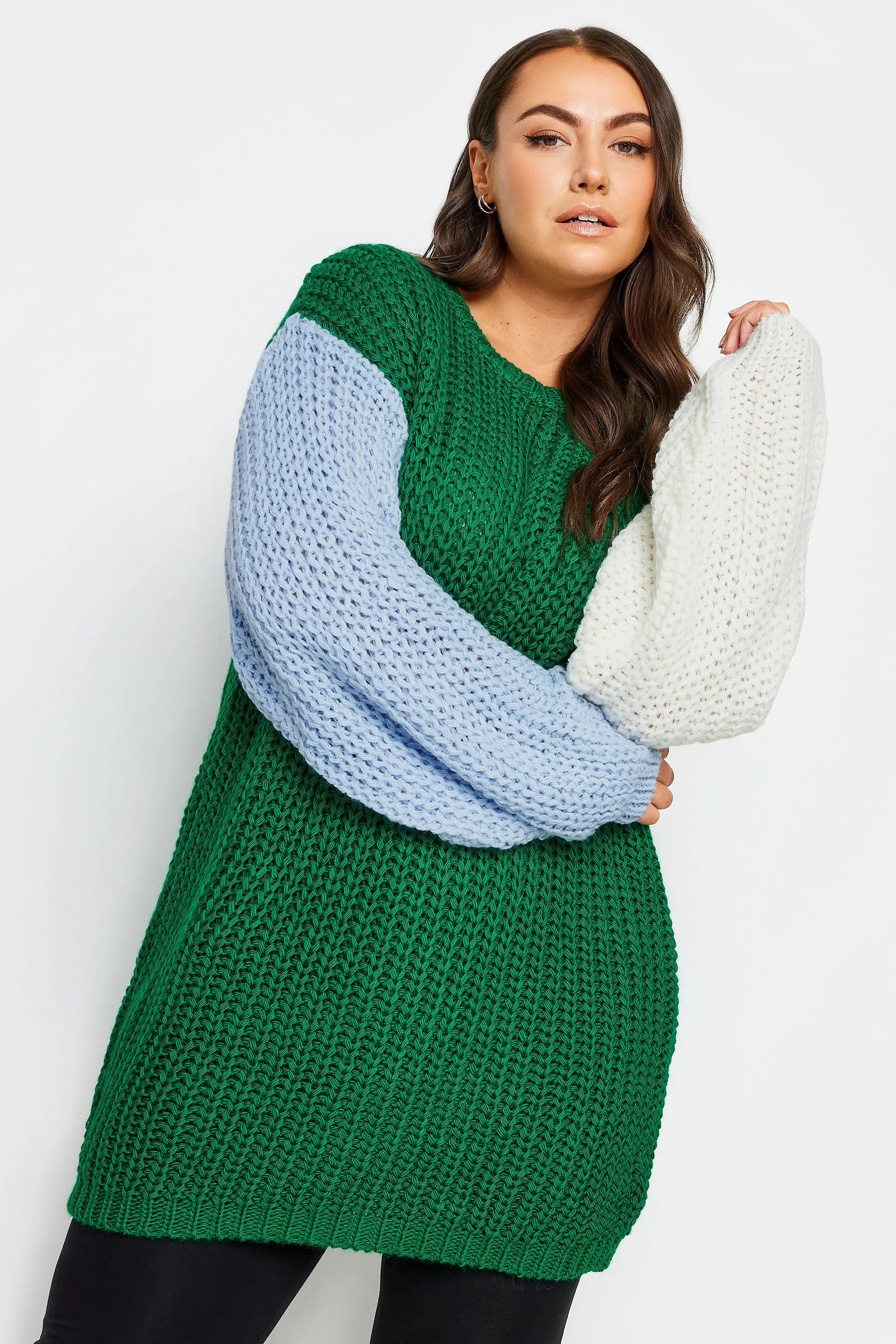 YOURS Curve Green Colourblock Chunky Knit Jumper