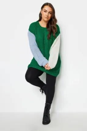 YOURS Curve Green Colourblock Chunky Knit Jumper