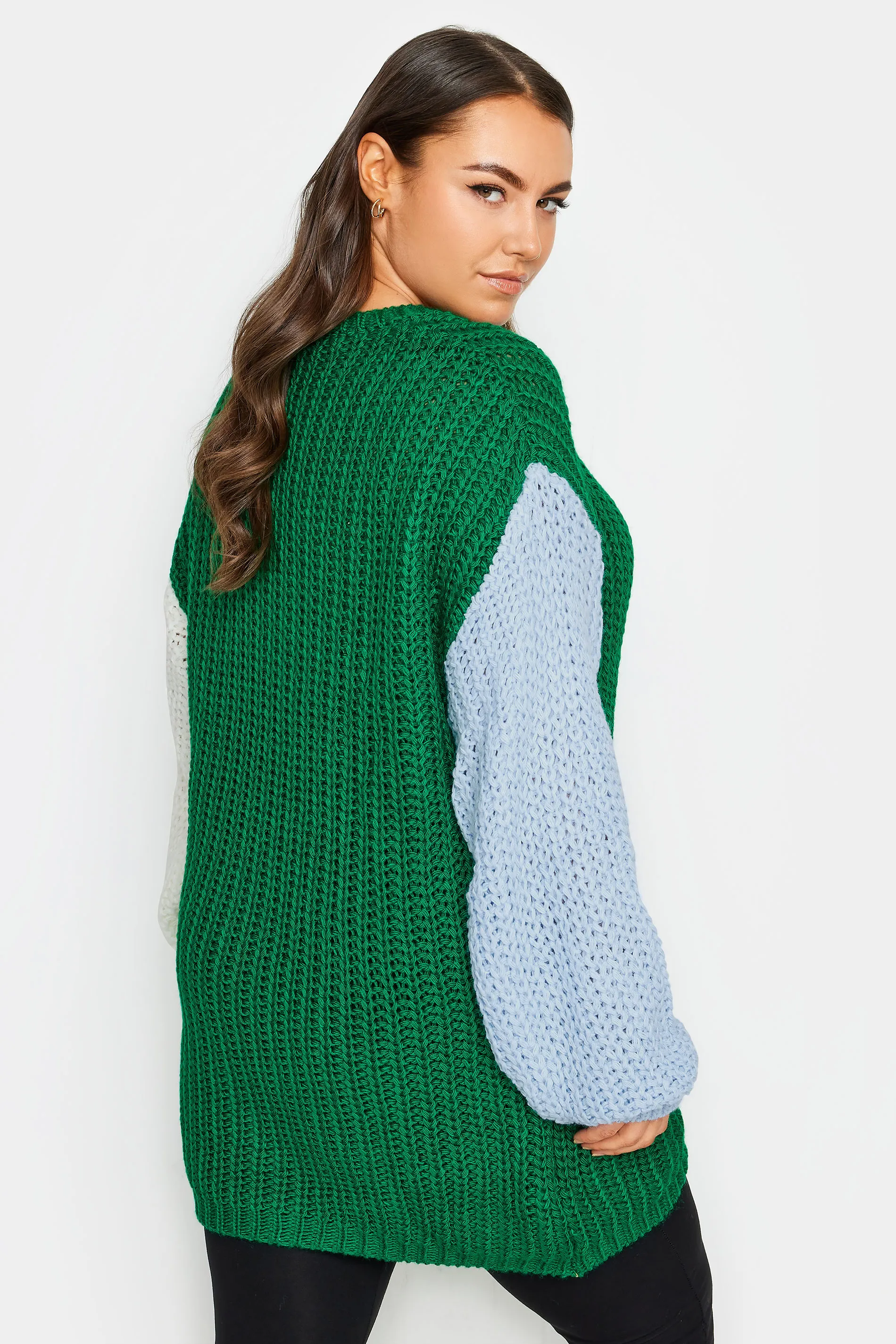 YOURS Curve Green Colourblock Chunky Knit Jumper