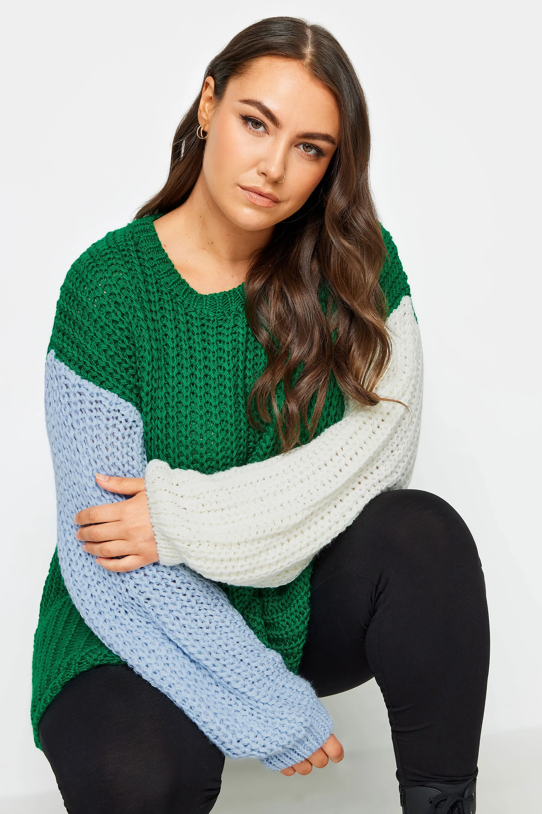 YOURS Curve Green Colourblock Chunky Knit Jumper