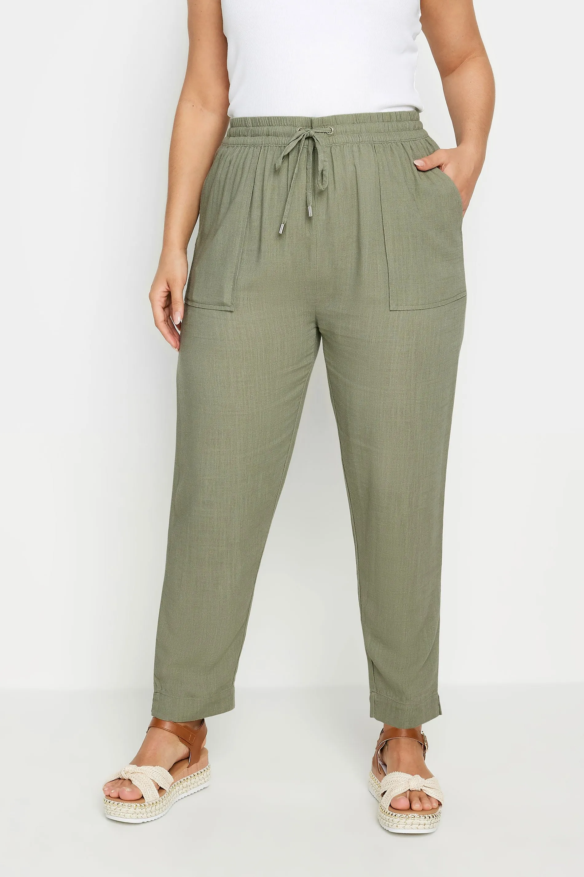 YOURS Curve Khaki Green Linen Trousers