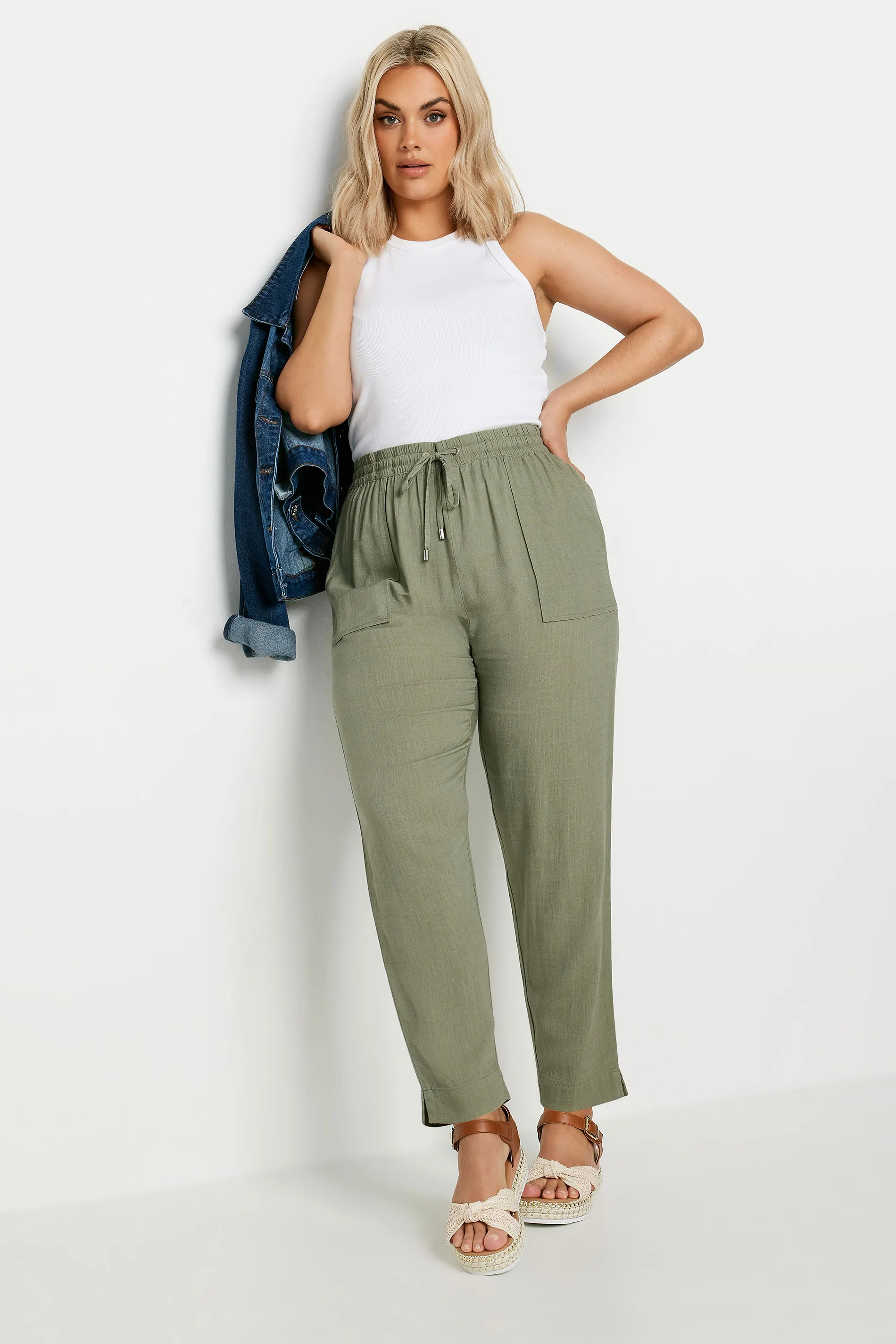 YOURS Curve Khaki Green Linen Trousers